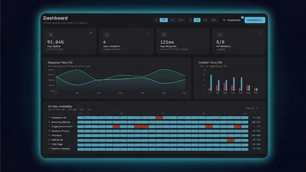 Xitoring monitoring dashboard showing server metrics, CPU usage, network bandwidth and uptime