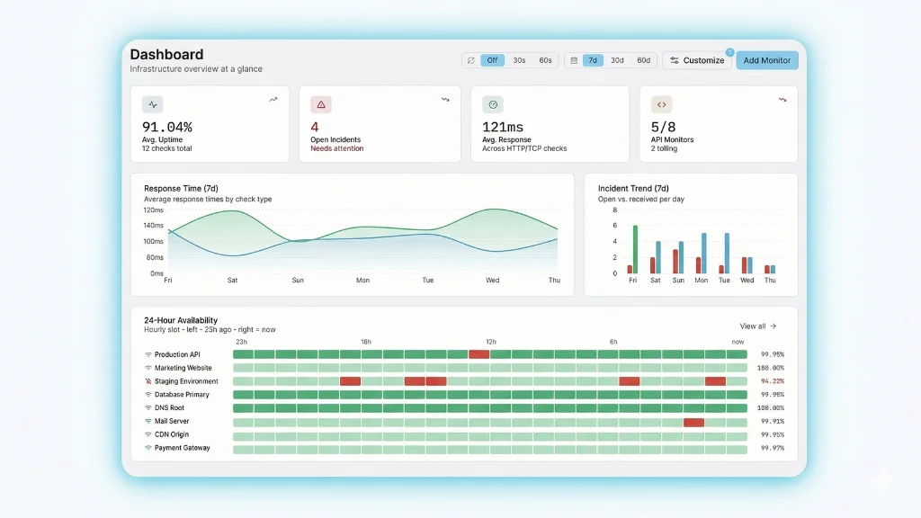 Xitoring monitoring dashboard showing server metrics, CPU usage, network bandwidth and uptime