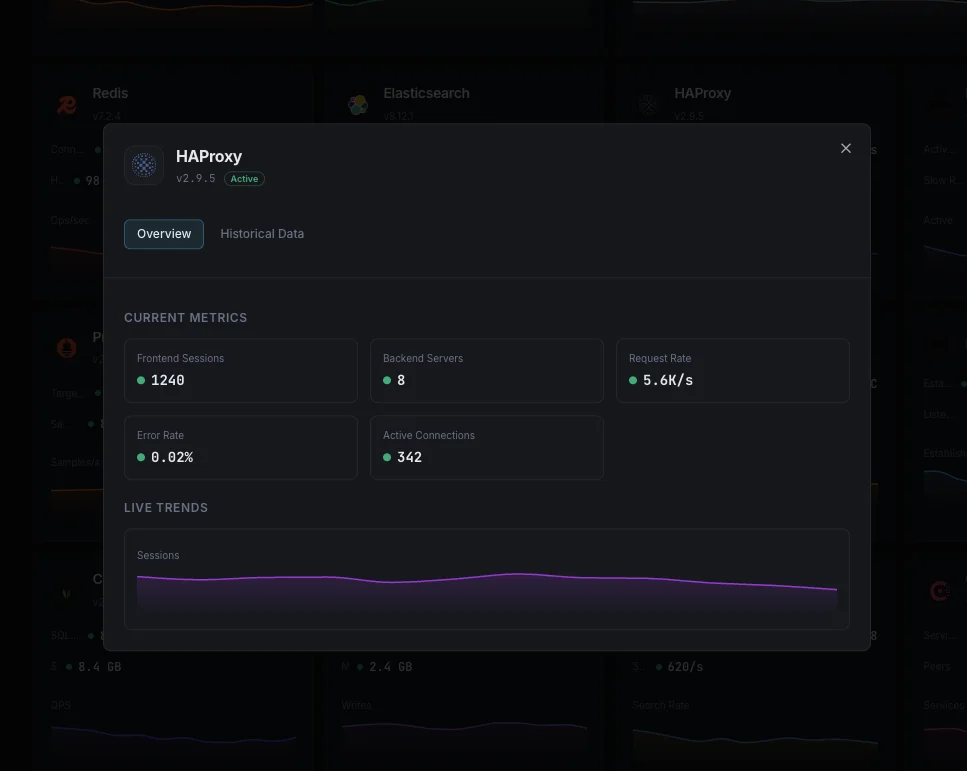 HAProxy monitoring dashboard with backend health and response times