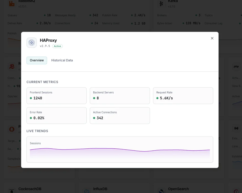 HAProxy monitoring dashboard with backend health and response times