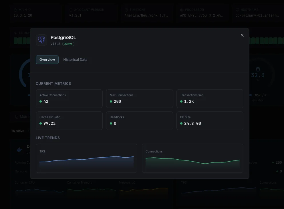 PostgreSQL monitoring dashboard with transaction metrics