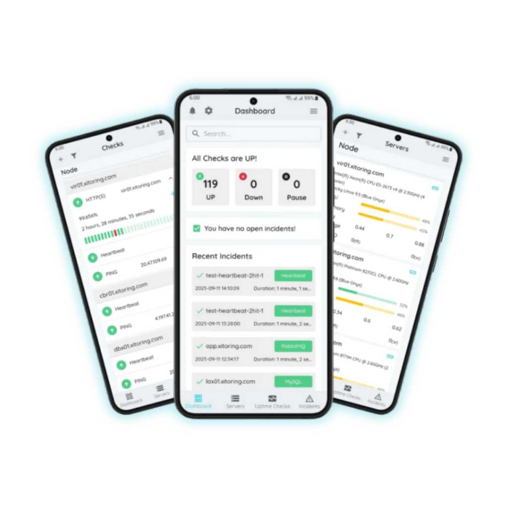 Xitoring mobile app on iPhone and Android showing server monitoring dashboard