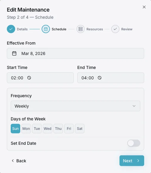 Maintenance window scheduling interface