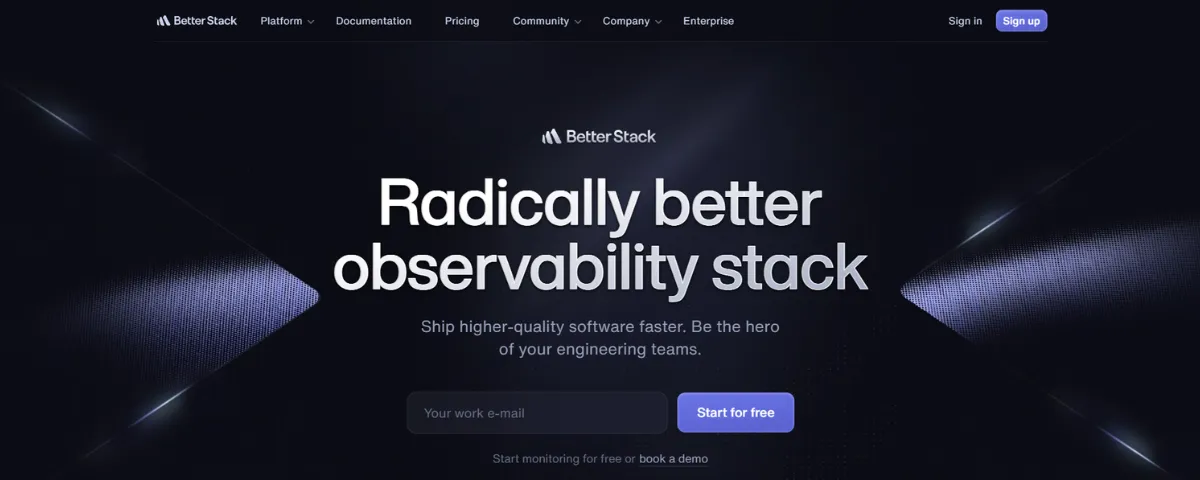 Better-Stack-Startseite mit modernem Observability-Stack für hochwertigere Software und schnellere Engineering-Workflows