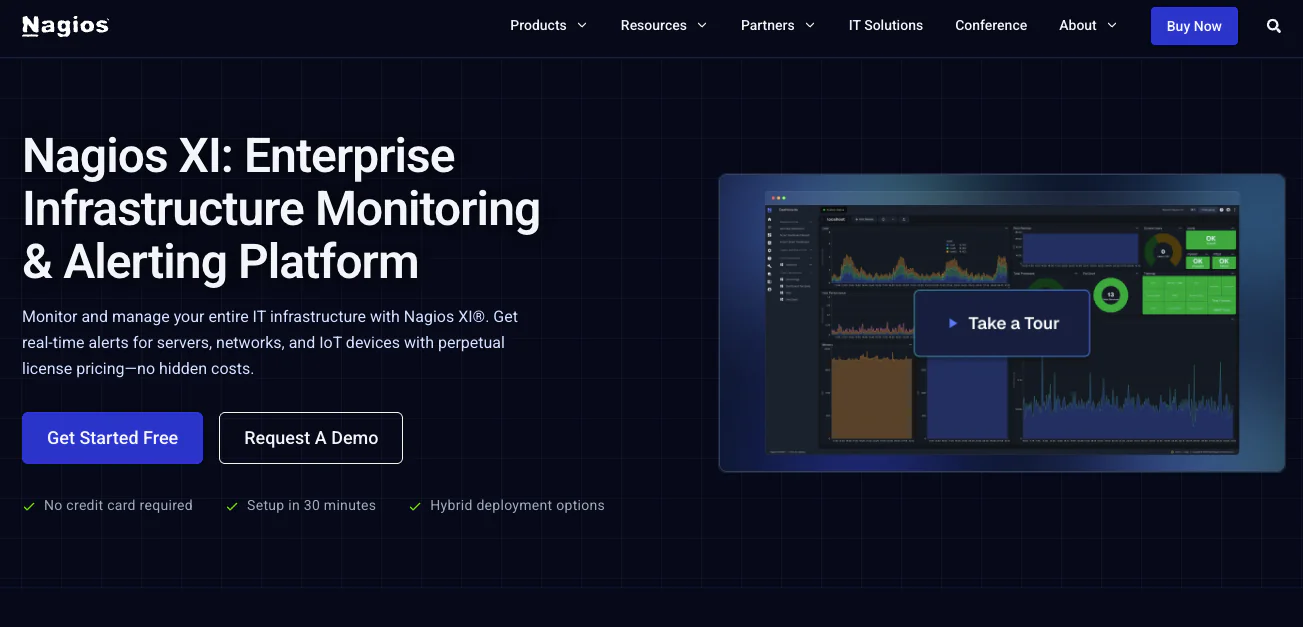 Nagios XI homepage — enterprise infrastructure monitoring and alerting platform with perpetual licensing and hybrid deployment options