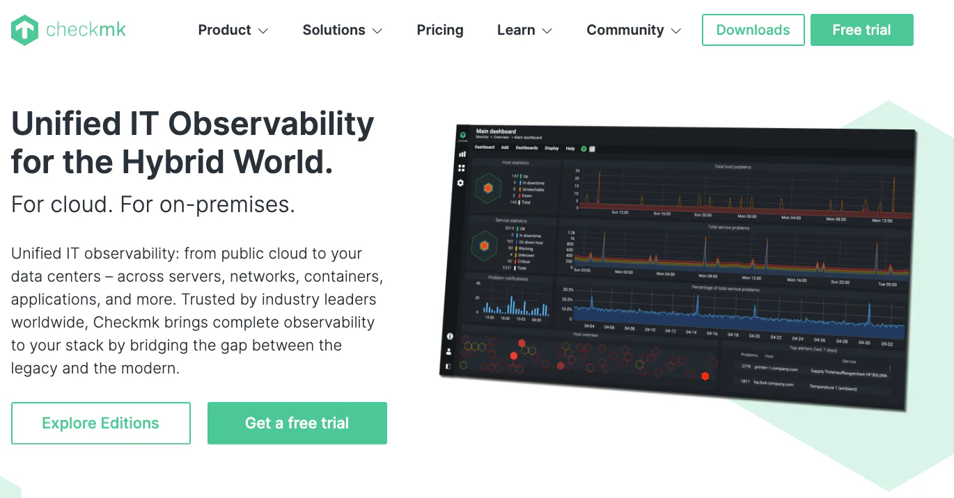 Checkmk homepage — unified IT observability for cloud and on-premises infrastructure, covering servers, networks, containers, and applications