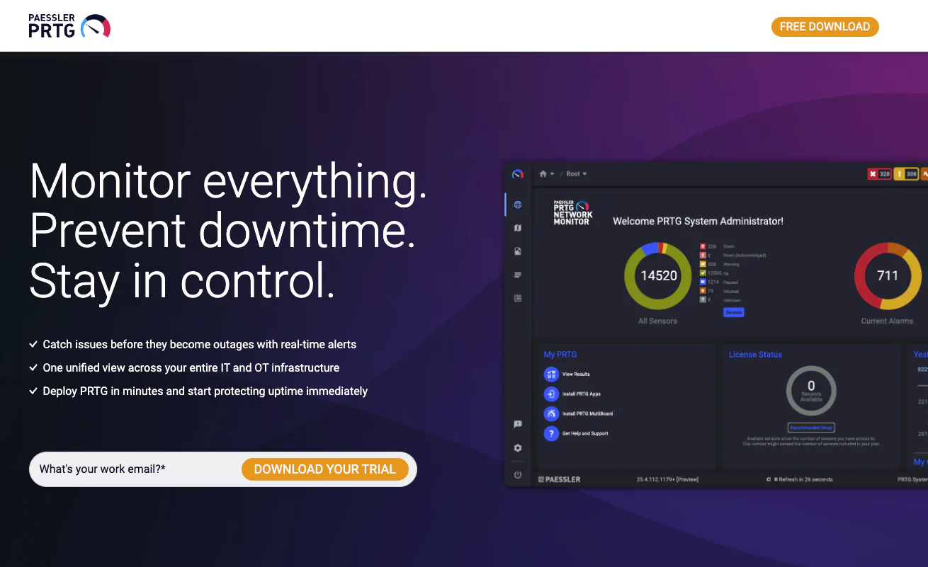 Paessler PRTG Network Monitor homepage — sensor-based monitoring across IT and OT infrastructure with real-time alerts and a unified dashboard