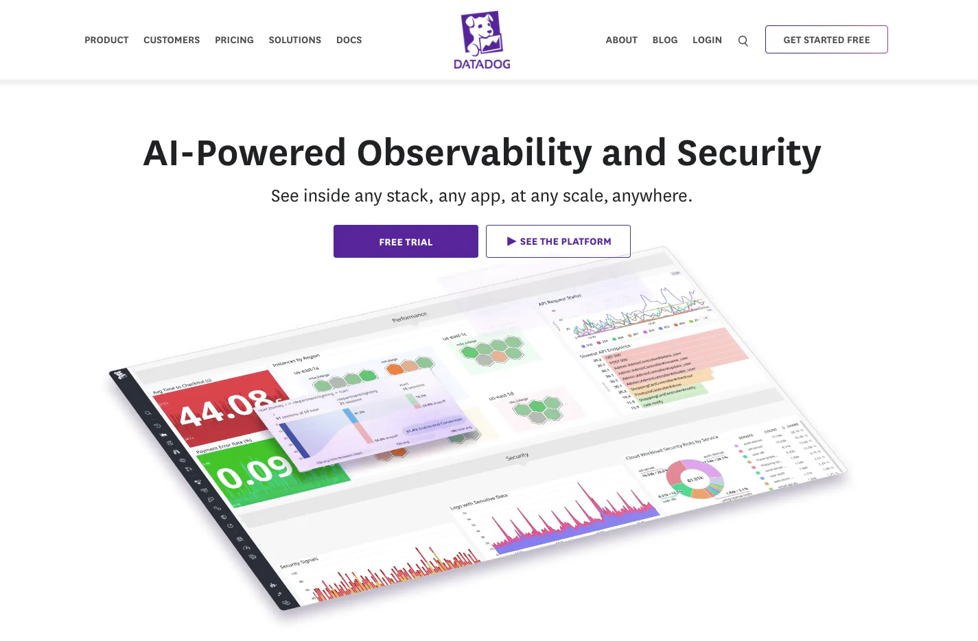 Datadog homepage promoting AI-powered observability and security across infrastructure, APM, logs, and cloud workloads