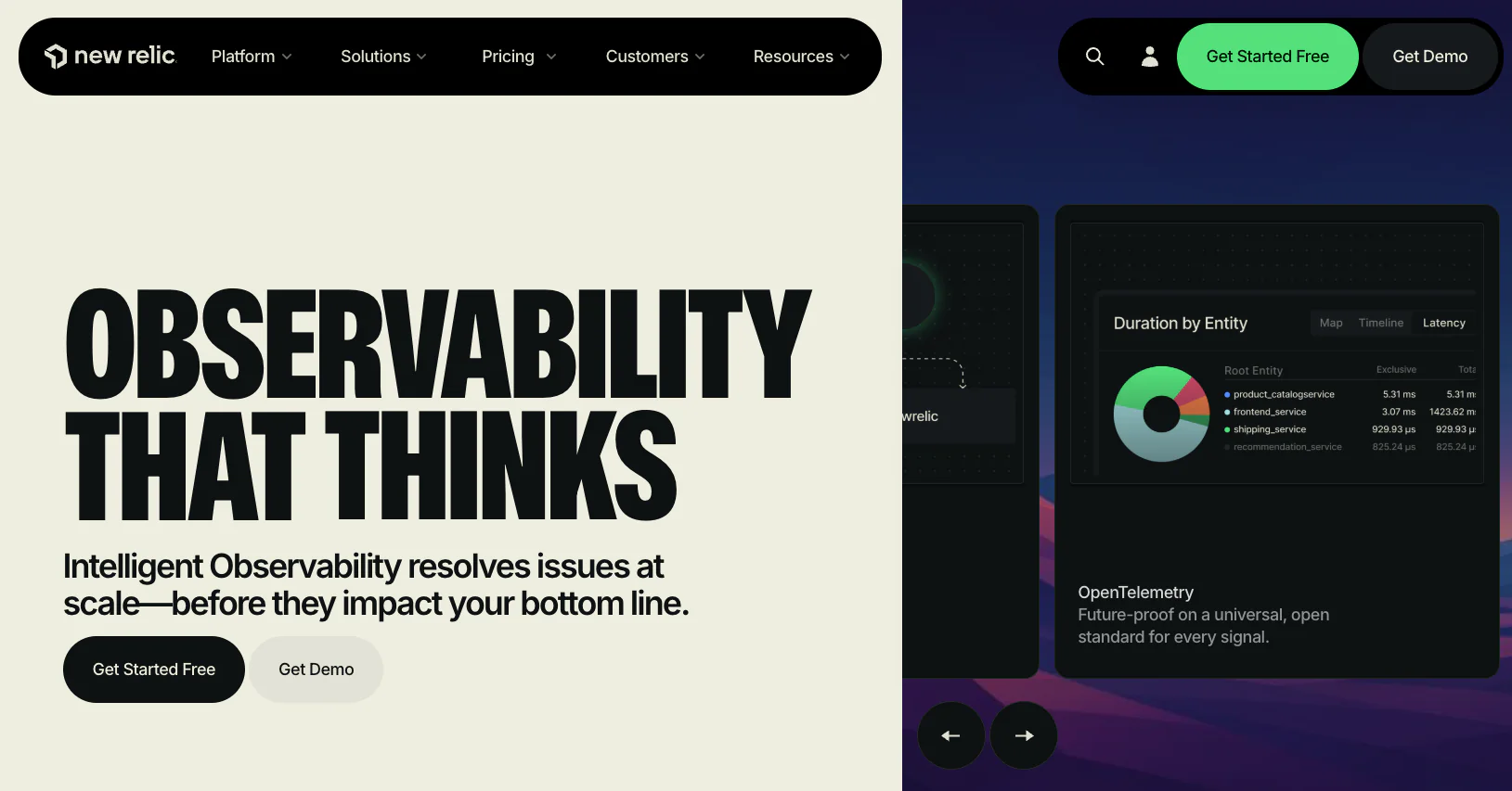 New Relic homepage with intelligent observability platform combining APM, infrastructure, logs, and OpenTelemetry under one dashboard