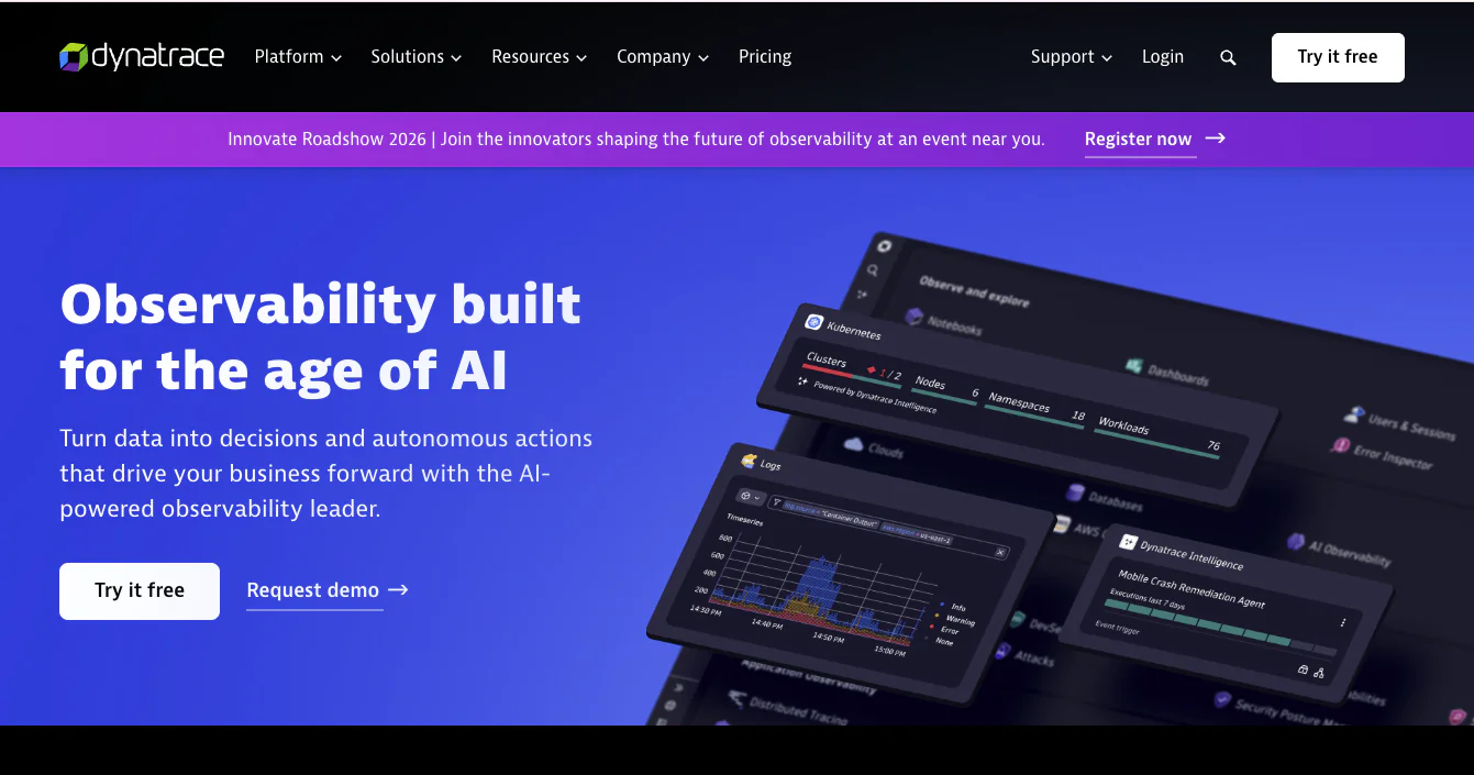 Dynatrace homepage promoting observability for the age of AI with Davis AI, Kubernetes monitoring, and automated dependency mapping