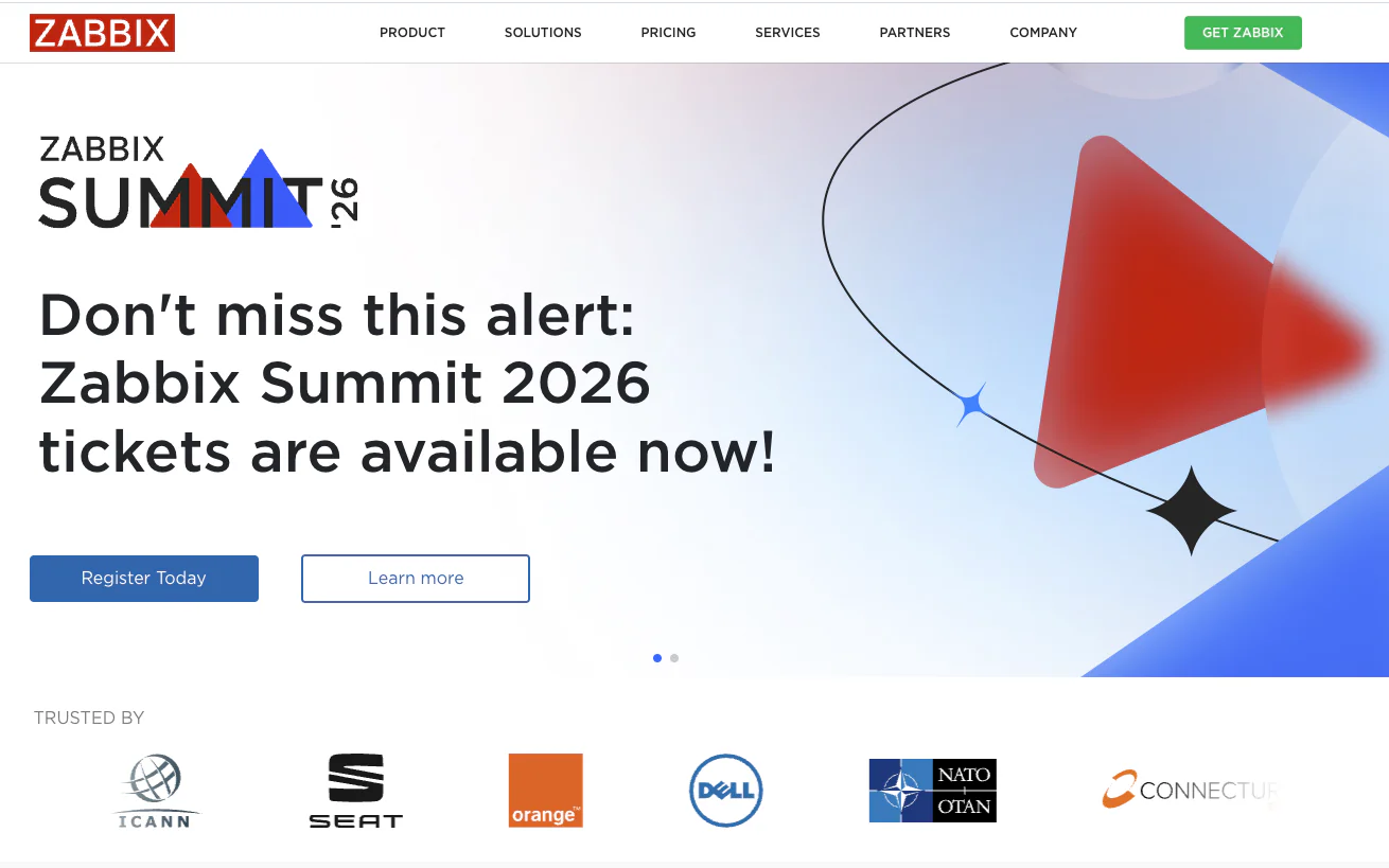 Zabbix homepage — open source enterprise monitoring platform for servers, networks, cloud, and applications