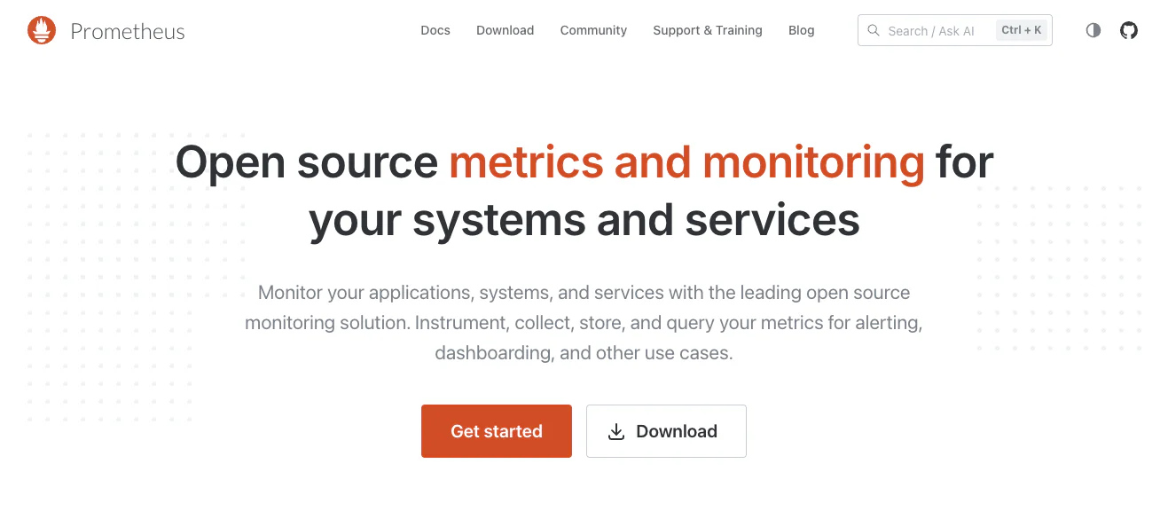Prometheus homepage — open source metrics and monitoring for systems and services, the de facto standard for cloud-native infrastructure metrics