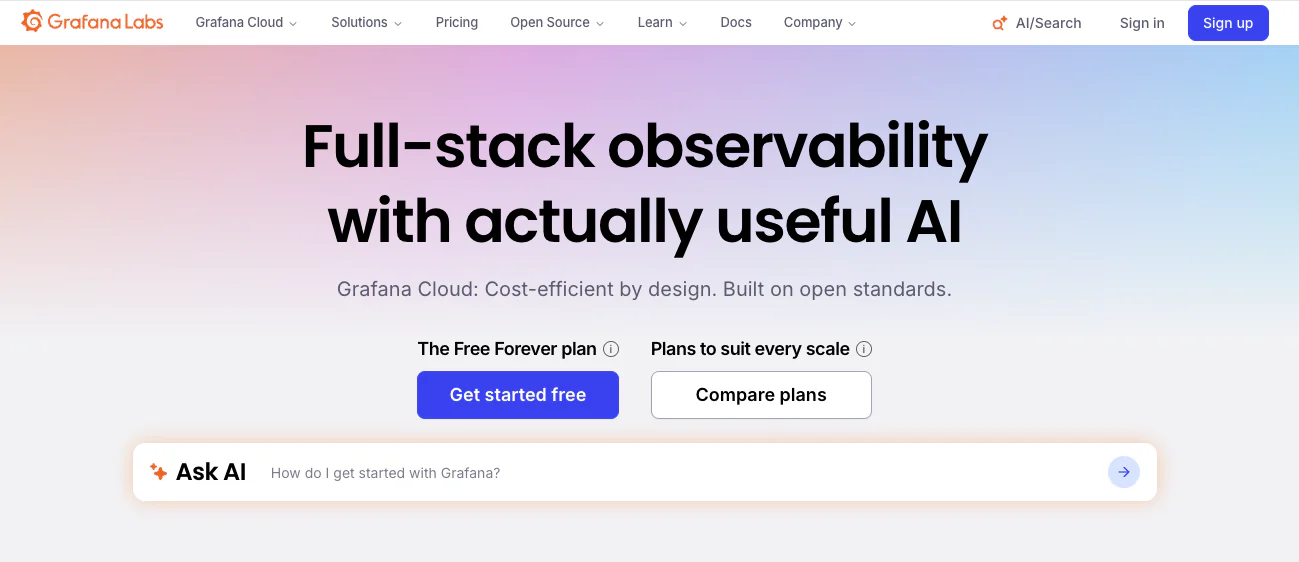 Grafana Cloud homepage — full-stack observability with metrics, logs, and traces built on open standards and Prometheus-compatible storage