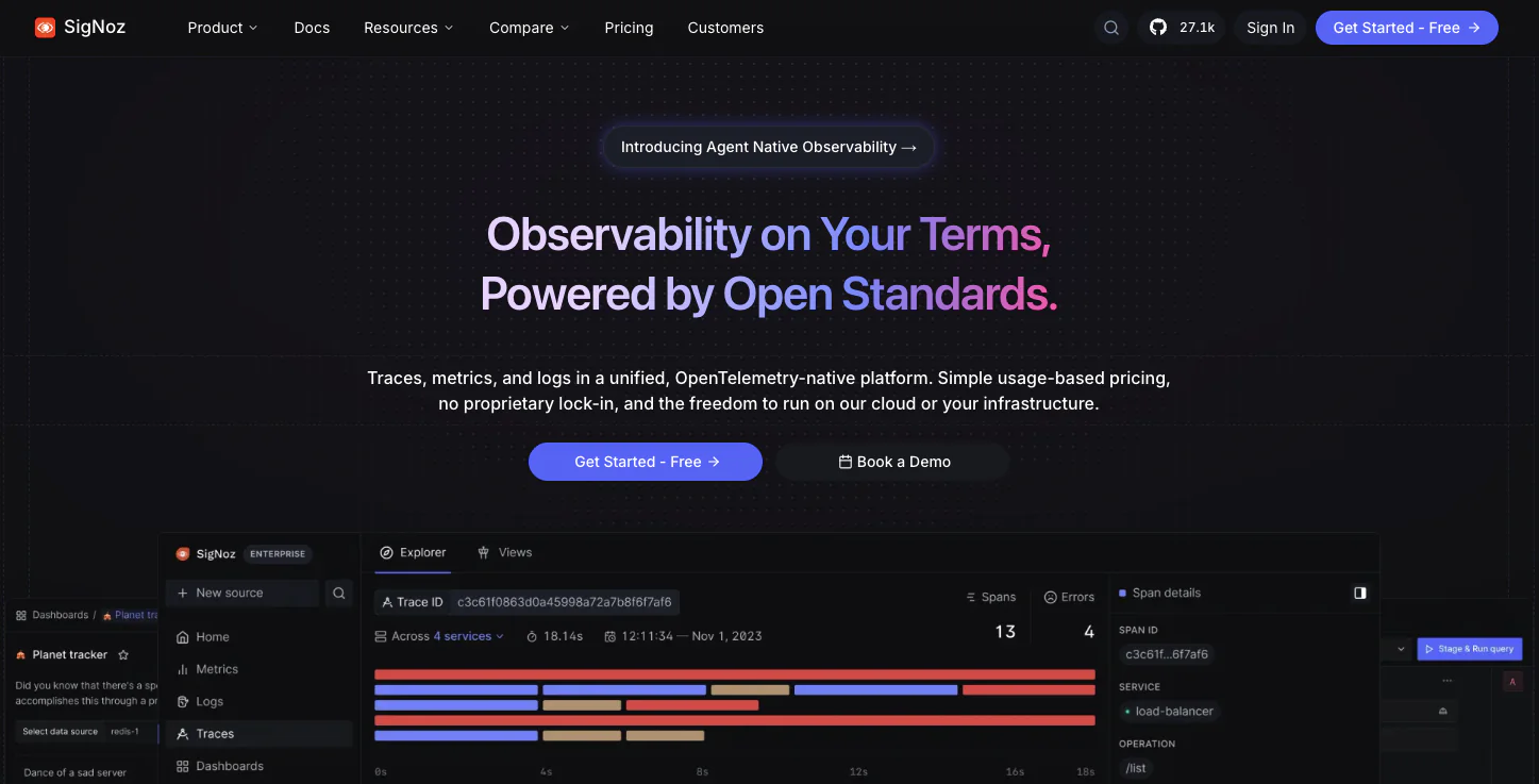 SigNoz homepage — OpenTelemetry-native observability platform with unified metrics, traces, and logs built on ClickHouse