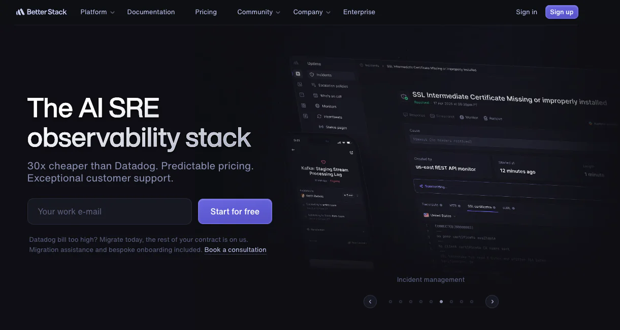 Better Stack homepage — AI SRE observability stack with logs, uptime monitoring, on-call scheduling, and status pages