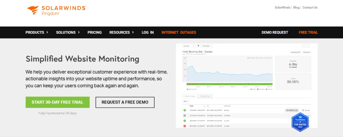 SolarWinds Pingdom homepage highlighting simplified website monitoring with real-time performance insights and uptime analytics