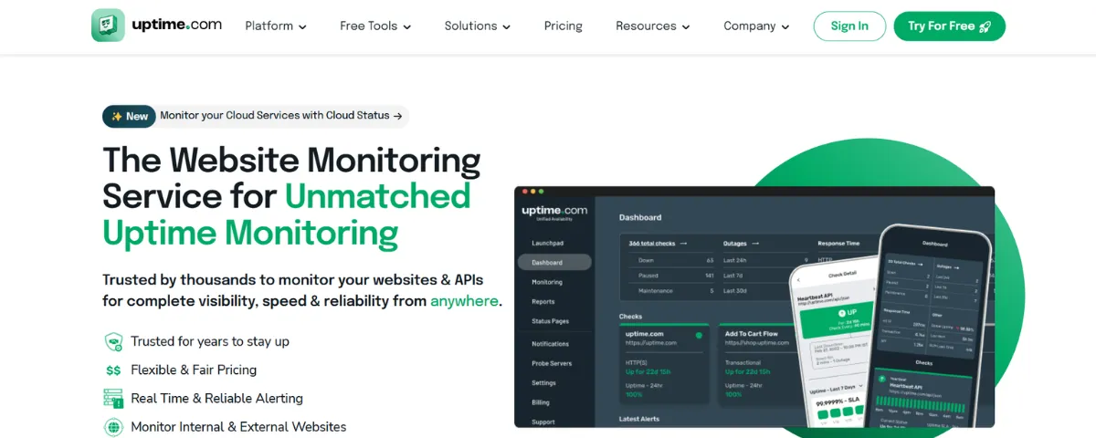 Uptime.com homepage featuring unmatched uptime monitoring services with real-time alerts and dashboard views for website and API performance