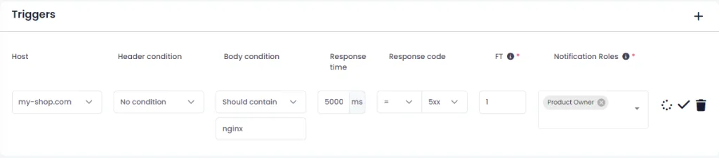 A screenshot of a monitoring system's trigger settings for the host "my-shop.com," specifying conditions for response time, body content, and response codes.