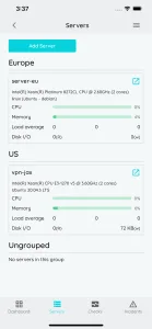 Xitoring mobile app — server overview on iPhone