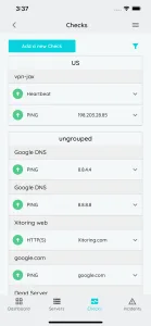 Xitoring mobile app — uptime checks list on iPhone