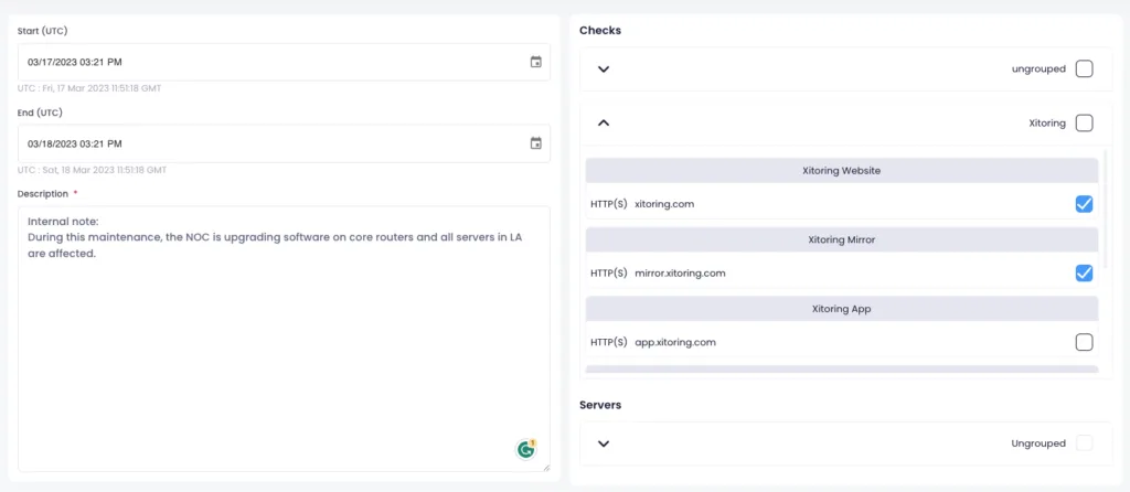 Xitoring scheduled maintenance window setup UI