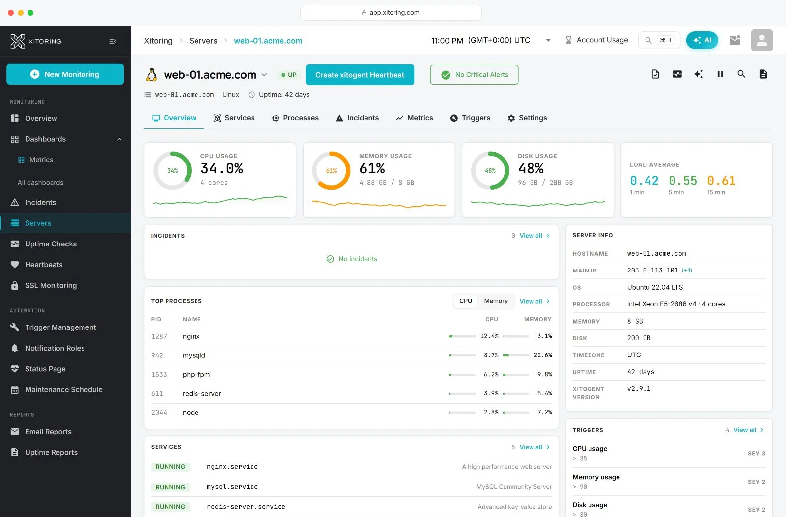 Xitoring 3.0 server overview showing CPU, memory and disk usage gauges, load average, top processes, running services, server info and triggers for web-01.acme.com