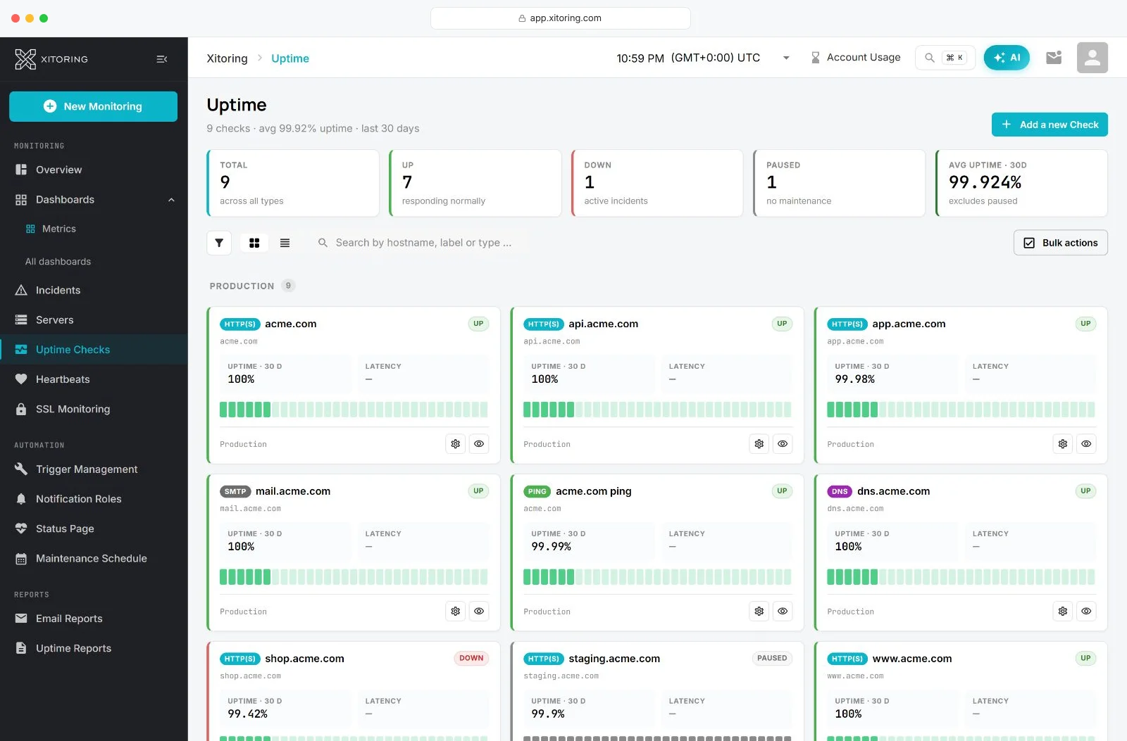 Xitoring uptime checks in grid view with summary cards for total, up, down and paused checks, and a card per check showing type, status, 30-day uptime and latency