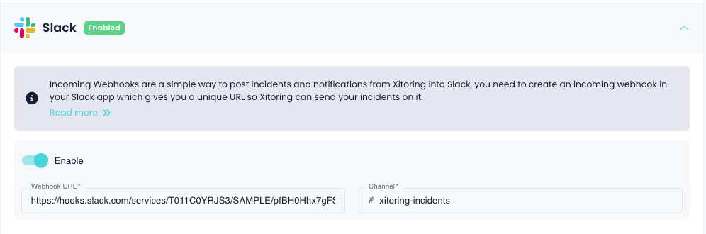Slack integration section in xitoring