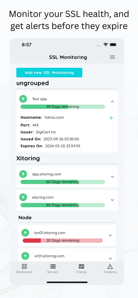 Xitoring Mobile app - SSL monitoring