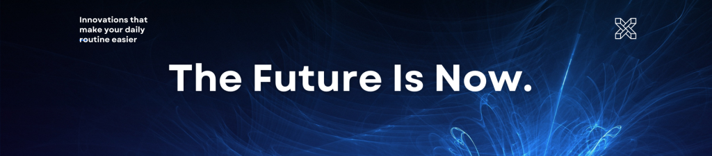 Una pancarta futurista con un fondo abstracto azul oscuro, con el texto en negrita blanca "El futuro es ahora" y una leyenda más pequeña sobre las innovaciones que facilitan las rutinas diarias.
