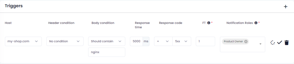  A screenshot of a monitoring system's trigger settings for the host "my-shop.com," specifying conditions for response time, body content, and response codes.