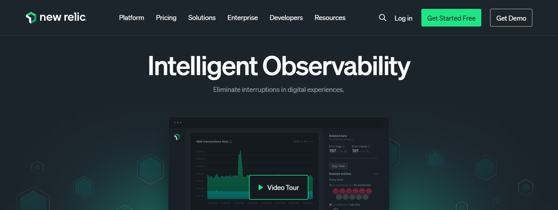 Screenshot of the New Relic homepage showcasing intelligent observability with a dark-themed interface and a call-to-action for a video tour.