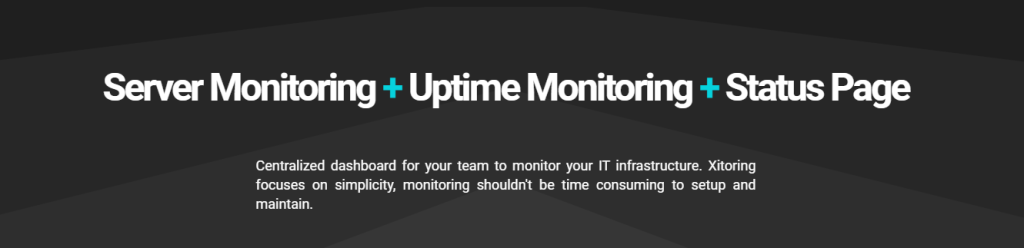 Un banner que destaca "Monitorización de servidores + Monitorización del tiempo de actividad + Página de estado" con una breve descripción de un panel de control centralizado para la monitorización de la infraestructura de TI.