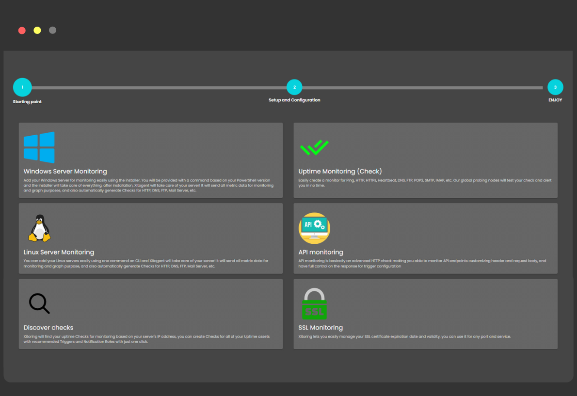 Cruscotto di configurazione rapida di Xitoring per il nuovo monitoraggio con opzioni per il monitoraggio di server Windows e Linux, controlli dell'uptime, monitoraggio API e monitoraggio SSL