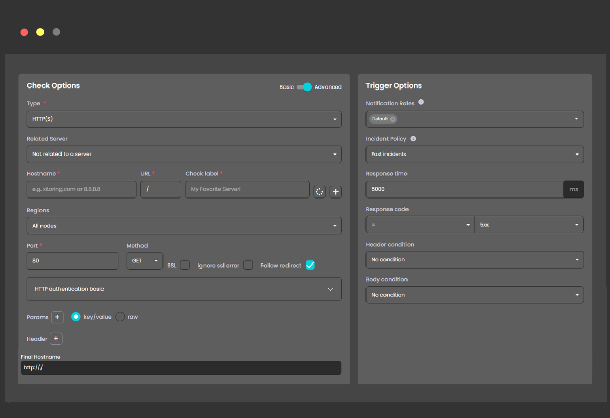 Interfaccia di configurazione del monitoraggio API con opzioni per la personalizzazione dei controlli HTTP, delle intestazioni, del corpo della richiesta e delle configurazioni di attivazione.