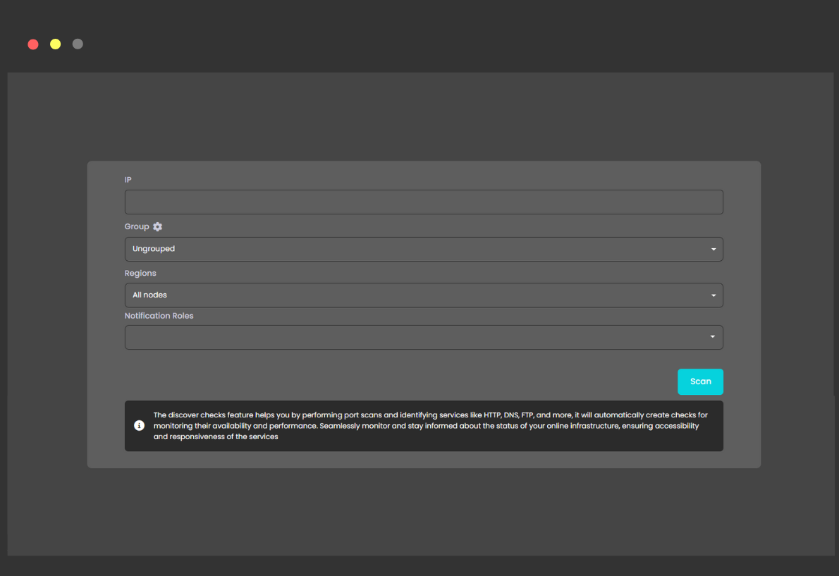 Interfaccia Discover Checks in Xitoring per la creazione automatica di controlli sui tempi di attività in base agli indirizzi IP dei server.