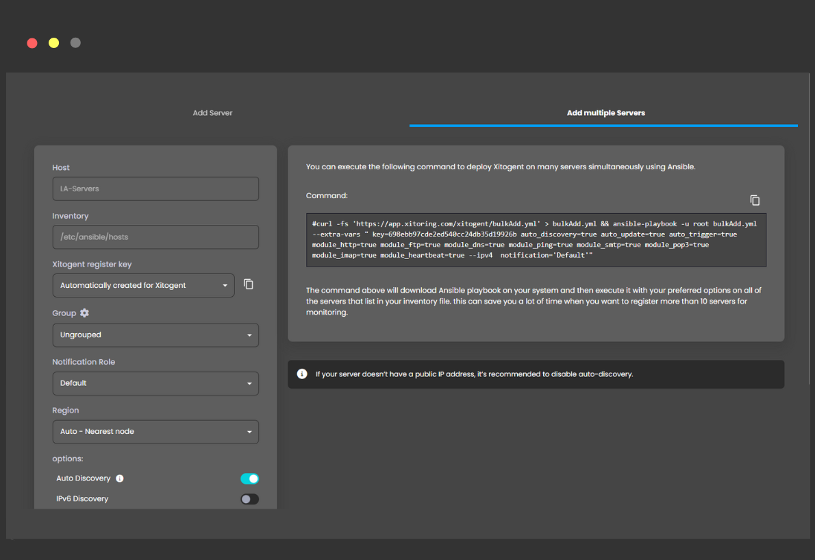 L'interfaccia di configurazione del monitoraggio dei server Linux mostra le opzioni per l'aggiunta di più server con Ansible e le impostazioni di rilevamento automatico.
