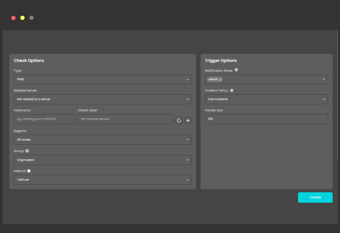 Interfaccia di configurazione del monitoraggio dei tempi di attività con opzioni per la creazione di controlli Ping, HTTP e altri protocolli, impostazioni di attivazione e notifiche di avviso.