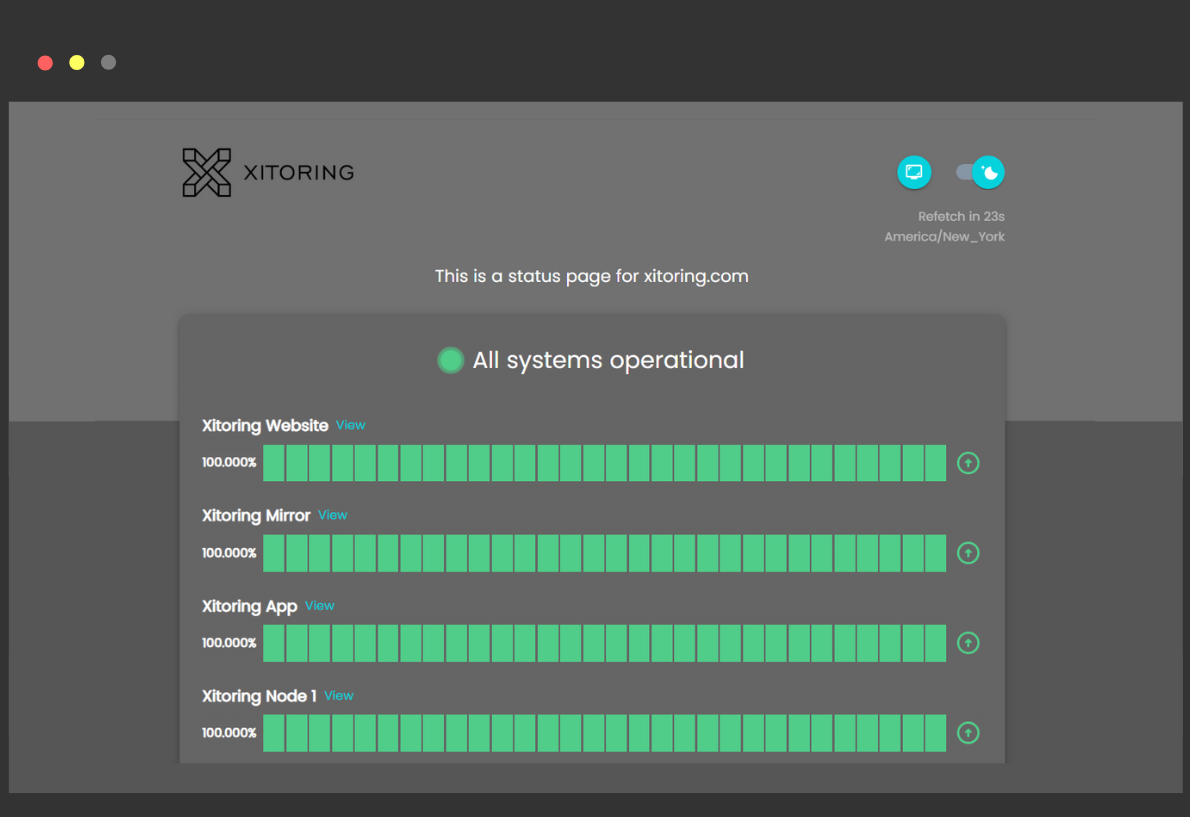 La pagina di stato per Xitoring mostra tutti i sistemi operativi con un tempo di attività di 100% per sito web, mirror, app e nodo.