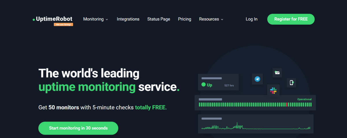 La homepage di UptimeRobot promuove i servizi di monitoraggio dell'uptime con aggiornamenti sullo stato in tempo reale e funzioni di monitoraggio gratuite