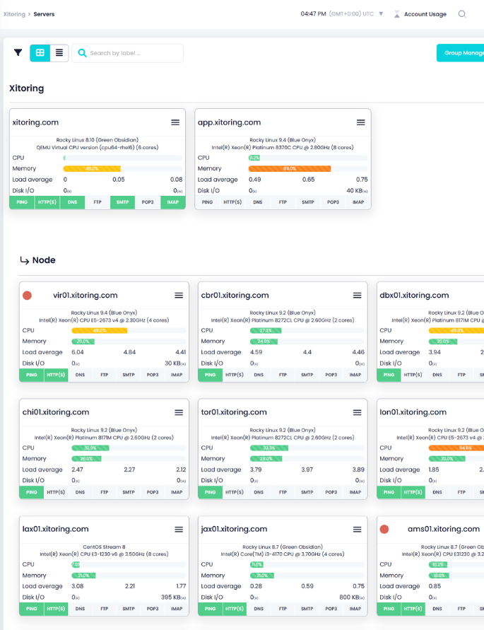Comprehensive Server Monitoring Dashboard Xitoring server management interface displaying performance metrics for multiple servers with CPU, memory, and load average data