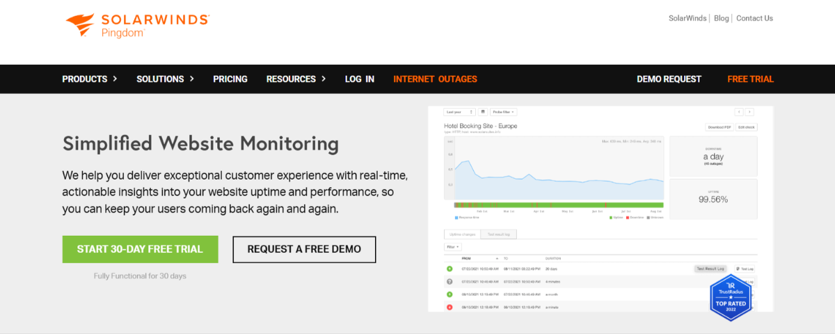 La homepage di SolarWinds Pingdom evidenzia il monitoraggio semplificato del sito web con approfondimenti sulle prestazioni in tempo reale e analisi dei tempi di attività.