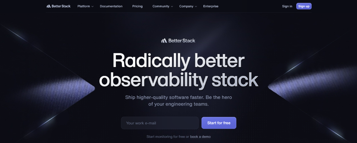 La homepage di Better Stack mostra un moderno stack di osservabilità per un software di qualità superiore e flussi di lavoro ingegneristici più rapidi