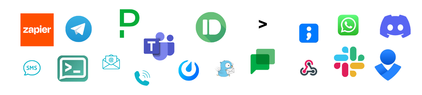 Icone che rappresentano le opzioni di integrazione delle notifiche di Xitoring, tra cui Zapier, Telegram, PagerDuty, Microsoft Teams, Pushbullet, WhatsApp, Discord, Slack, e-mail, SMS e altro ancora.