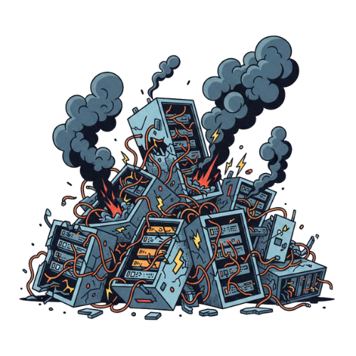 Ilustrasi rak server yang tertekan dan gagal